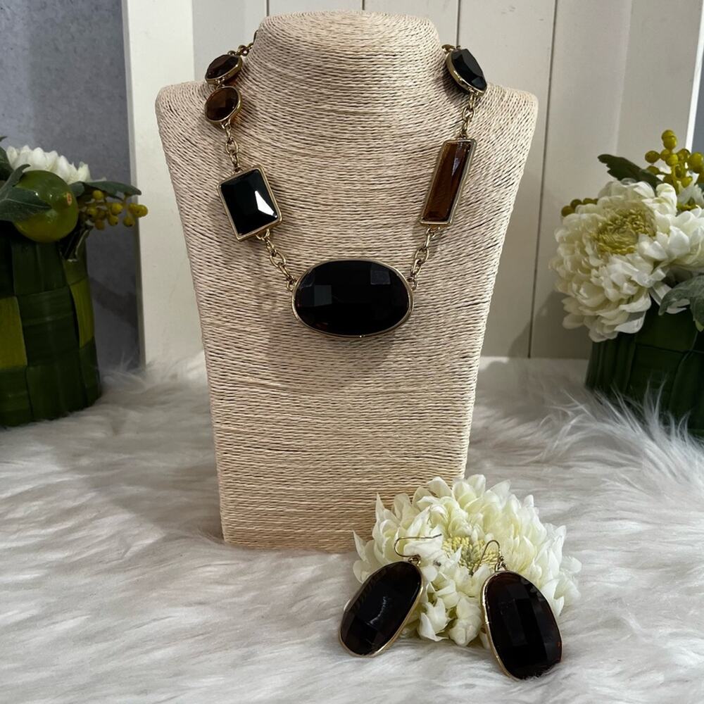 NEW Sundance Vintage Faceted Glass Topaz Statement Collar Necklace Earrings